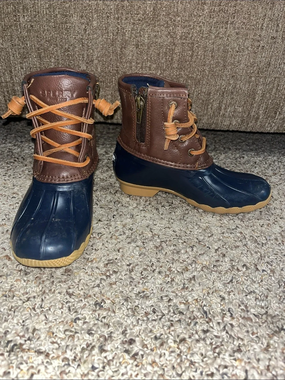 Sperry Navy and Brown Waterproof Duck Boots with Tan Laces
